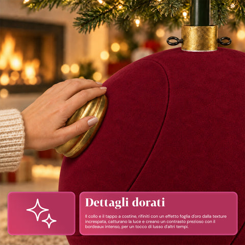 Grote kerstboomvoet met fluweeleffect, 41x41x44 cm, voor bomen tot 180 cm – voetafdekking met bevestiging Ø 4 cm, bordeauxrood en groen