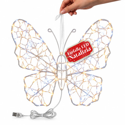 Witte ledvlinder van 50x40 cm – decoratieve ijzeren lamp met gouden draad, warm- en koudwitte lichtjes, USB-voeding en haak