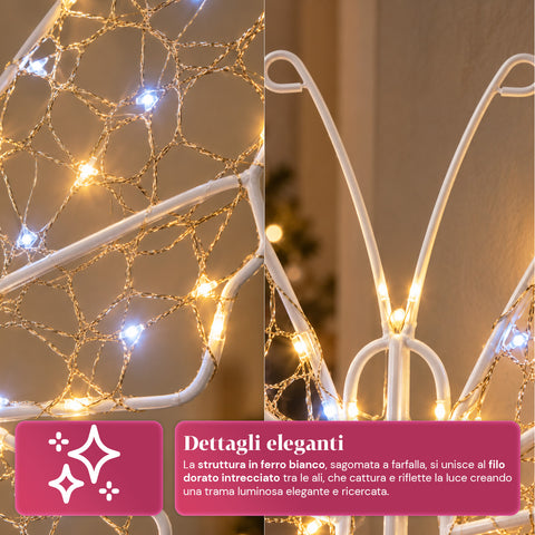 Witte ledvlinder van 50x40 cm – decoratieve ijzeren lamp met gouden draad, warm- en koudwitte lichtjes, USB-voeding en haak