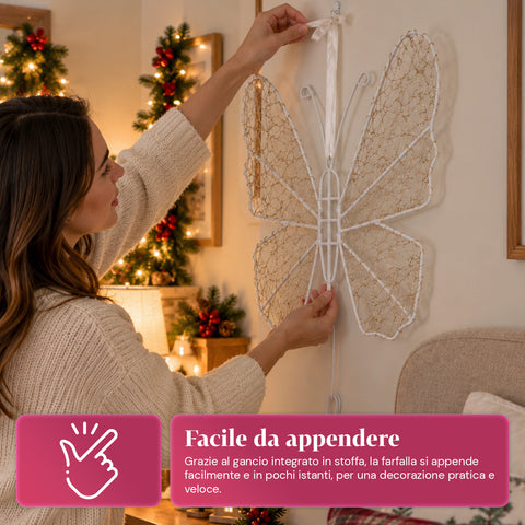 Witte ledvlinder van 50x40 cm – decoratieve ijzeren lamp met gouden draad, warm- en koudwitte lichtjes, USB-voeding en haak