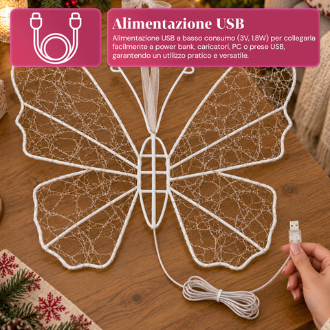 Witte ledvlinder van 50x40 cm – decoratieve ijzeren lamp met gouden draad, warm- en koudwitte lichtjes, USB-voeding en haak