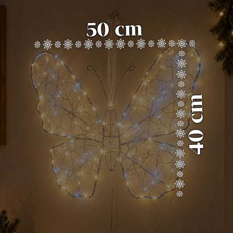 Witte ledvlinder van 50x40 cm – decoratieve ijzeren lamp met gouden draad, warm- en koudwitte lichtjes, USB-voeding en haak