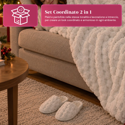 Set met zachte, warme deken en pantoffels | zachte plaid van 125x170 cm, pantoffels in één maat, 4 kleuren