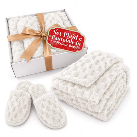 Set met zachte, warme deken en pantoffels | zachte plaid van 125x170 cm, pantoffels in één maat, 4 kleuren