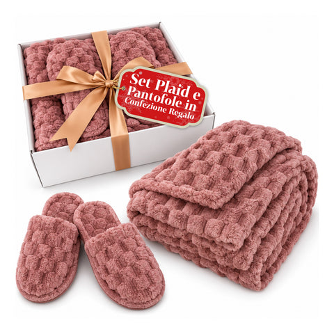 Set met zachte, warme deken en pantoffels | zachte plaid van 125x170 cm, pantoffels in één maat, 4 kleuren