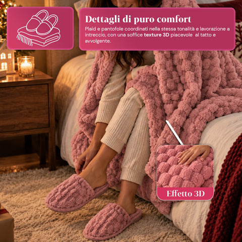 Set met zachte, warme deken en pantoffels | zachte plaid van 125x170 cm, pantoffels in één maat, 4 kleuren