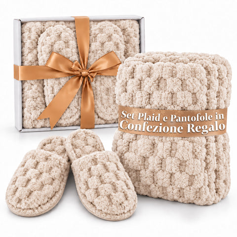 Set zachte en warme deken en pantoffels | zachte plaid 130x160 cm, pantoffels in één maat, 4 kleuren