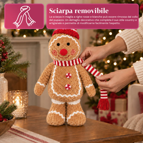 Ginger-peperkoekpop van pluche, 30 en 40 cm – kerstdecoratie met koksmuts of kerstmuts