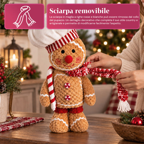 Ginger-peperkoekpop van pluche, 30 en 40 cm – kerstdecoratie met koksmuts of kerstmuts