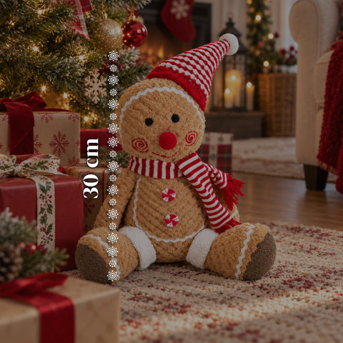 Ginger-peperkoekpop van pluche, 30 en 40 cm – kerstdecoratie met koksmuts of kerstmuts