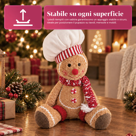 Ginger-peperkoekpop van pluche, 30 en 40 cm – kerstdecoratie met koksmuts of kerstmuts