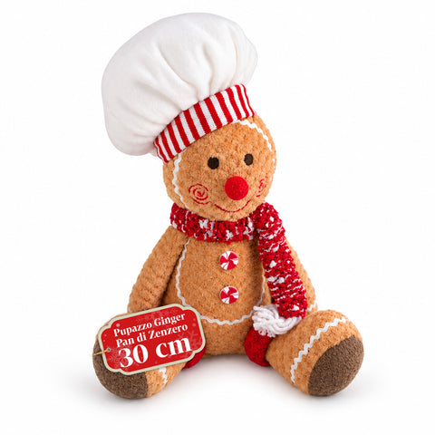 Ginger-peperkoekpop van pluche, 30 en 40 cm – kerstdecoratie met koksmuts of kerstmuts