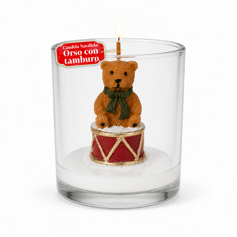 Candela Natalizia in Bicchiere di Vetro 7 cm - Orsetto con Cappello di Babbo Natale o Orso sul Tamburo - Decorazione e Centrotavola