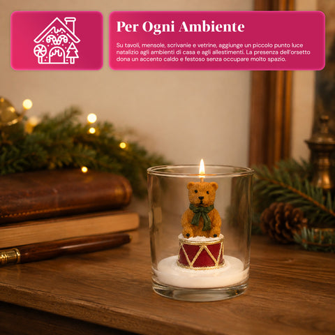 Candela Natalizia in Bicchiere di Vetro 7 cm - Orsetto con Cappello di Babbo Natale o Orso sul Tamburo - Decorazione e Centrotavola