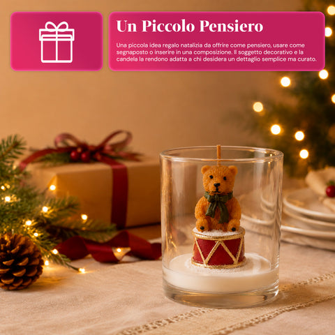 Candela Natalizia in Bicchiere di Vetro 7 cm - Orsetto con Cappello di Babbo Natale o Orso sul Tamburo - Decorazione e Centrotavola