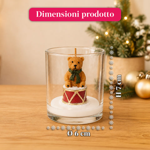 Candela Natalizia in Bicchiere di Vetro 7 cm - Orsetto con Cappello di Babbo Natale o Orso sul Tamburo - Decorazione e Centrotavola