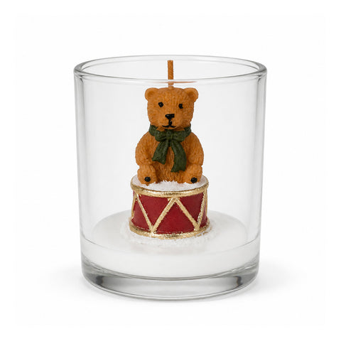 Candela Natalizia in Bicchiere di Vetro 7 cm - Orsetto con Cappello di Babbo Natale o Orso sul Tamburo - Decorazione e Centrotavola