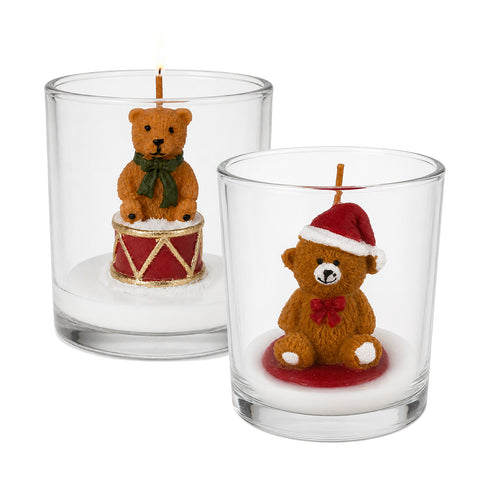 Kerstkaars in glazen potje van 7 cm met diverse beertjes