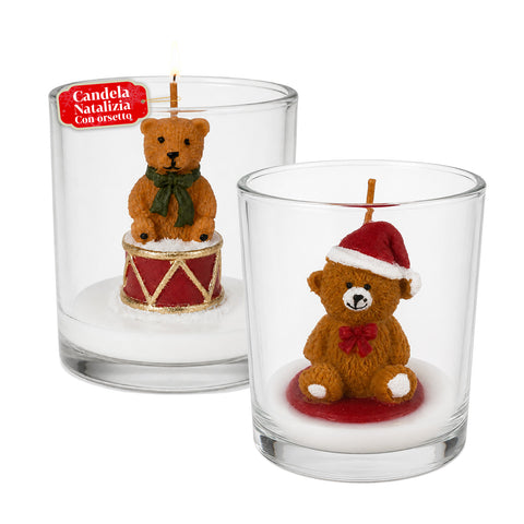 Kerstkaars in glazen potje van 7 cm met diverse beertjes