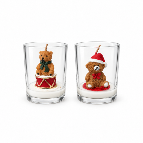 Kerstkaars in glazen potje van 7 cm met diverse beertjes
