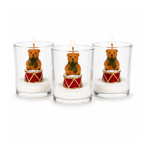 Kerstkaars in glazen pot, 7 cm – beertje met kerstmuts of beer op trommel – decoratie en tafeldecoratie