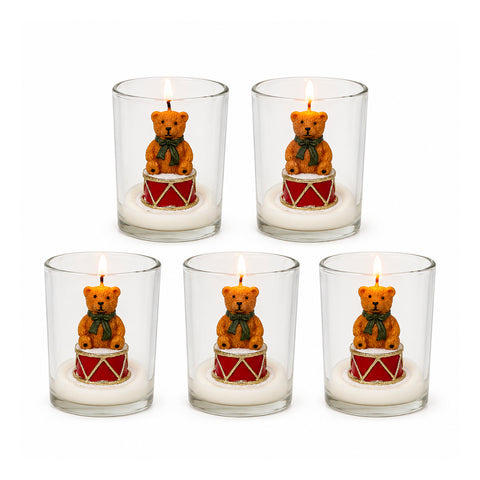 Kerstkaars in glazen pot, 7 cm – beertje met kerstmuts of beer op trommel – decoratie en tafeldecoratie