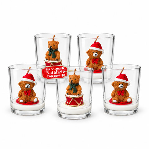 Kerstkaars in glazen potje van 7 cm met diverse beertjes