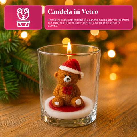 Kerstkaars in glazen pot, 7 cm – beertje met kerstmuts of beer op trommel – decoratie en tafeldecoratie