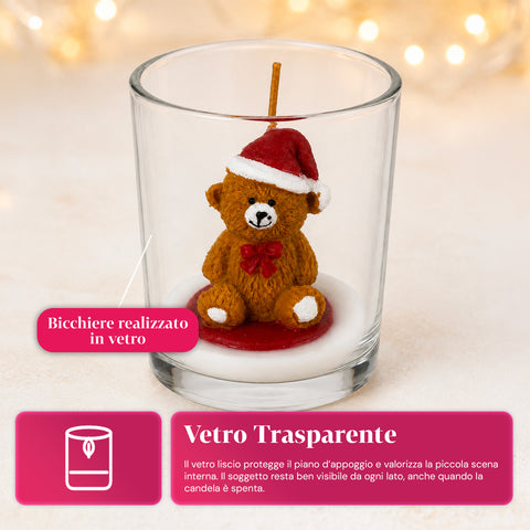 Kerstkaars in glazen pot, 7 cm – beertje met kerstmuts of beer op trommel – decoratie en tafeldecoratie