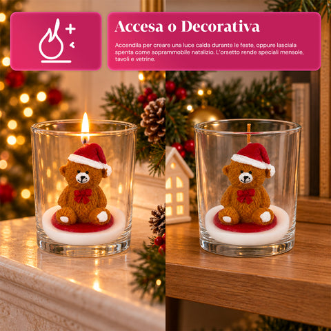 Kerstkaars in glazen pot, 7 cm – beertje met kerstmuts of beer op trommel – decoratie en tafeldecoratie