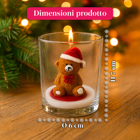 Kerstkaars in glazen pot, 7 cm – beertje met kerstmuts of beer op trommel – decoratie en tafeldecoratie