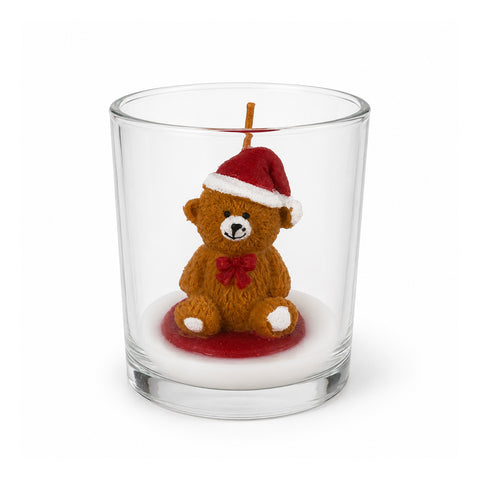 Kerstkaars in glazen pot, 7 cm – beertje met kerstmuts of beer op trommel – decoratie en tafeldecoratie