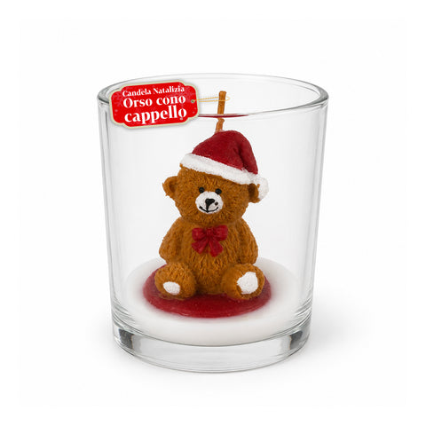 Kerstkaars in glazen pot, 7 cm – beertje met kerstmuts of beer op trommel – decoratie en tafeldecoratie