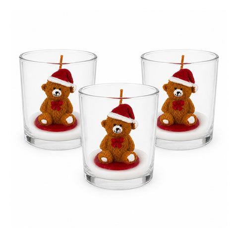 Kerstkaars in glazen pot, 7 cm – beertje met kerstmuts of beer op trommel – decoratie en tafeldecoratie