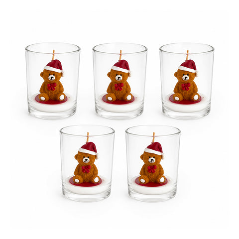 Kerstkaars in glazen pot, 7 cm – beertje met kerstmuts of beer op trommel – decoratie en tafeldecoratie