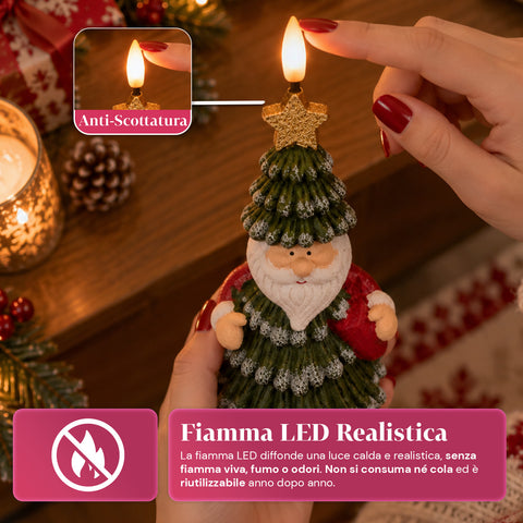 Candela Natalizia LED a Batteria in 3 Varianti – Babbo Natale con Albero, Orsetto e Viso Orso, Fiamma Effetto Reale, Decorazione Natale