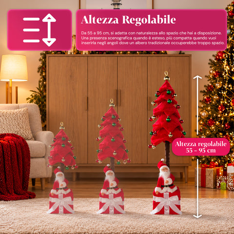 Decoratieve uitschuifbare kerstboom van 95 cm en 90 cm van polyester met geschenkdoosvoet en rode, groene en gouden kerstballen – 3 kleurvarianten