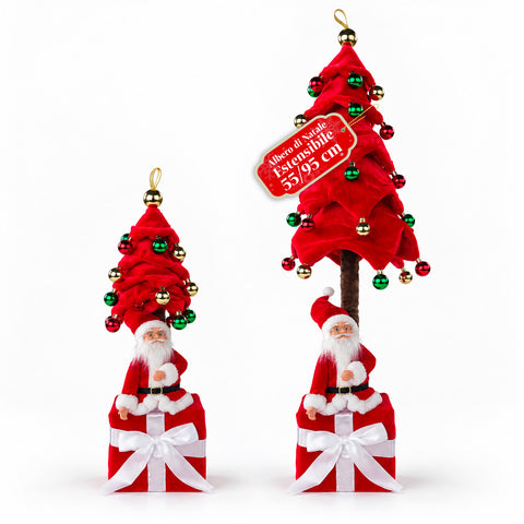 Decoratieve uitschuifbare kerstboom van 95 cm en 90 cm van polyester met geschenkdoosvoet en rode, groene en gouden kerstballen – 3 kleurvarianten