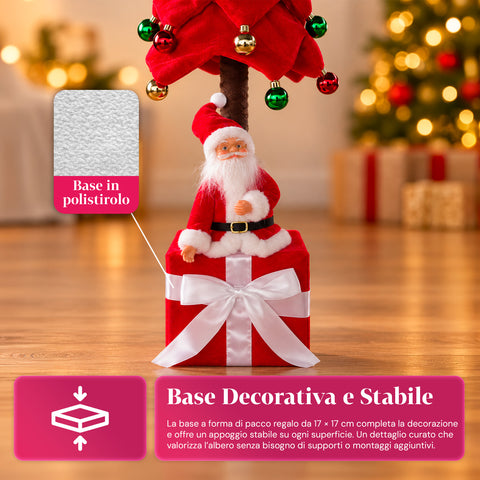 Decoratieve uitschuifbare kerstboom van 95 cm en 90 cm van polyester met geschenkdoosvoet en rode, groene en gouden kerstballen – 3 kleurvarianten