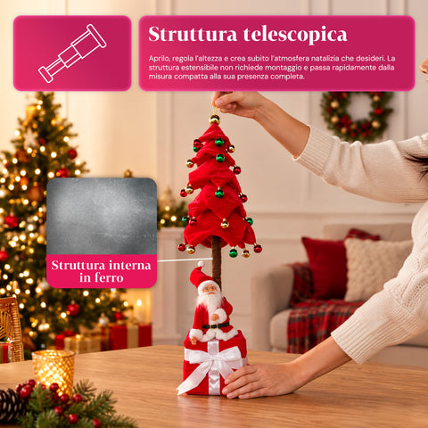 Decoratieve uitschuifbare kerstboom van 95 cm en 90 cm van polyester met geschenkdoosvoet en rode, groene en gouden kerstballen – 3 kleurvarianten