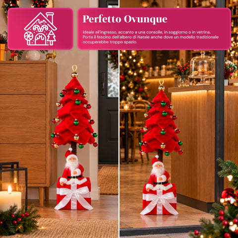 Decoratieve uitschuifbare kerstboom van 95 cm en 90 cm van polyester met geschenkdoosvoet en rode, groene en gouden kerstballen – 3 kleurvarianten