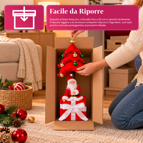Decoratieve uitschuifbare kerstboom van 95 cm en 90 cm van polyester met geschenkdoosvoet en rode, groene en gouden kerstballen – 3 kleurvarianten