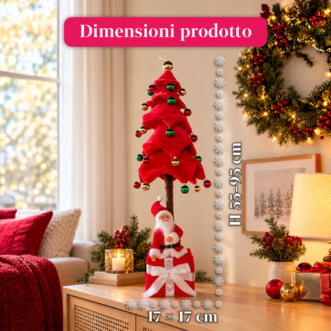 Decoratieve uitschuifbare kerstboom van 95 cm en 90 cm van polyester met geschenkdoosvoet en rode, groene en gouden kerstballen – 3 kleurvarianten