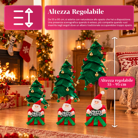 Decoratieve uitschuifbare kerstboom van 95 cm en 90 cm van polyester met geschenkdoosvoet en rode, groene en gouden kerstballen – 3 kleurvarianten