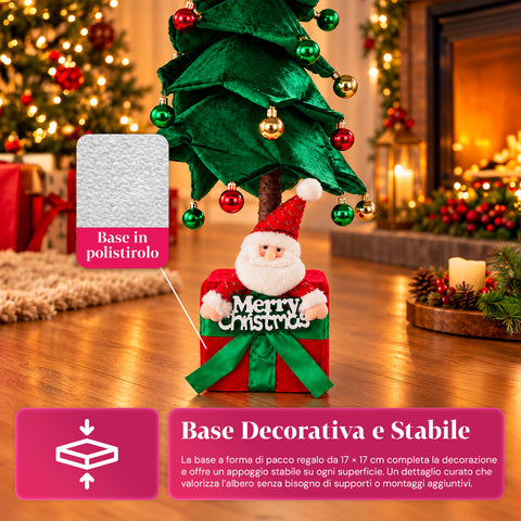Decoratieve uitschuifbare kerstboom van 95 cm en 90 cm van polyester met geschenkdoosvoet en rode, groene en gouden kerstballen – 3 kleurvarianten