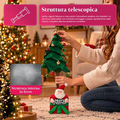 Decoratieve uitschuifbare kerstboom van 95 cm en 90 cm van polyester met geschenkdoosvoet en rode, groene en gouden kerstballen – 3 kleurvarianten