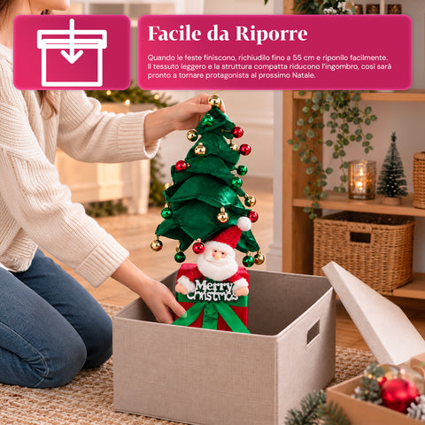 Decoratieve uitschuifbare kerstboom van 95 cm en 90 cm van polyester met geschenkdoosvoet en rode, groene en gouden kerstballen – 3 kleurvarianten