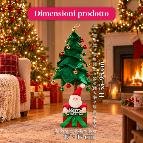 Decoratieve uitschuifbare kerstboom van 95 cm en 90 cm van polyester met geschenkdoosvoet en rode, groene en gouden kerstballen – 3 kleurvarianten