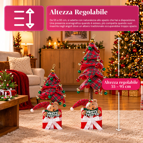 Decoratieve uitschuifbare kerstboom van 95 cm en 90 cm van polyester met geschenkdoosvoet en rode, groene en gouden kerstballen – 3 kleurvarianten