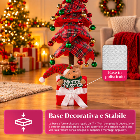 Decoratieve uitschuifbare kerstboom van 95 cm en 90 cm van polyester met geschenkdoosvoet en rode, groene en gouden kerstballen – 3 kleurvarianten